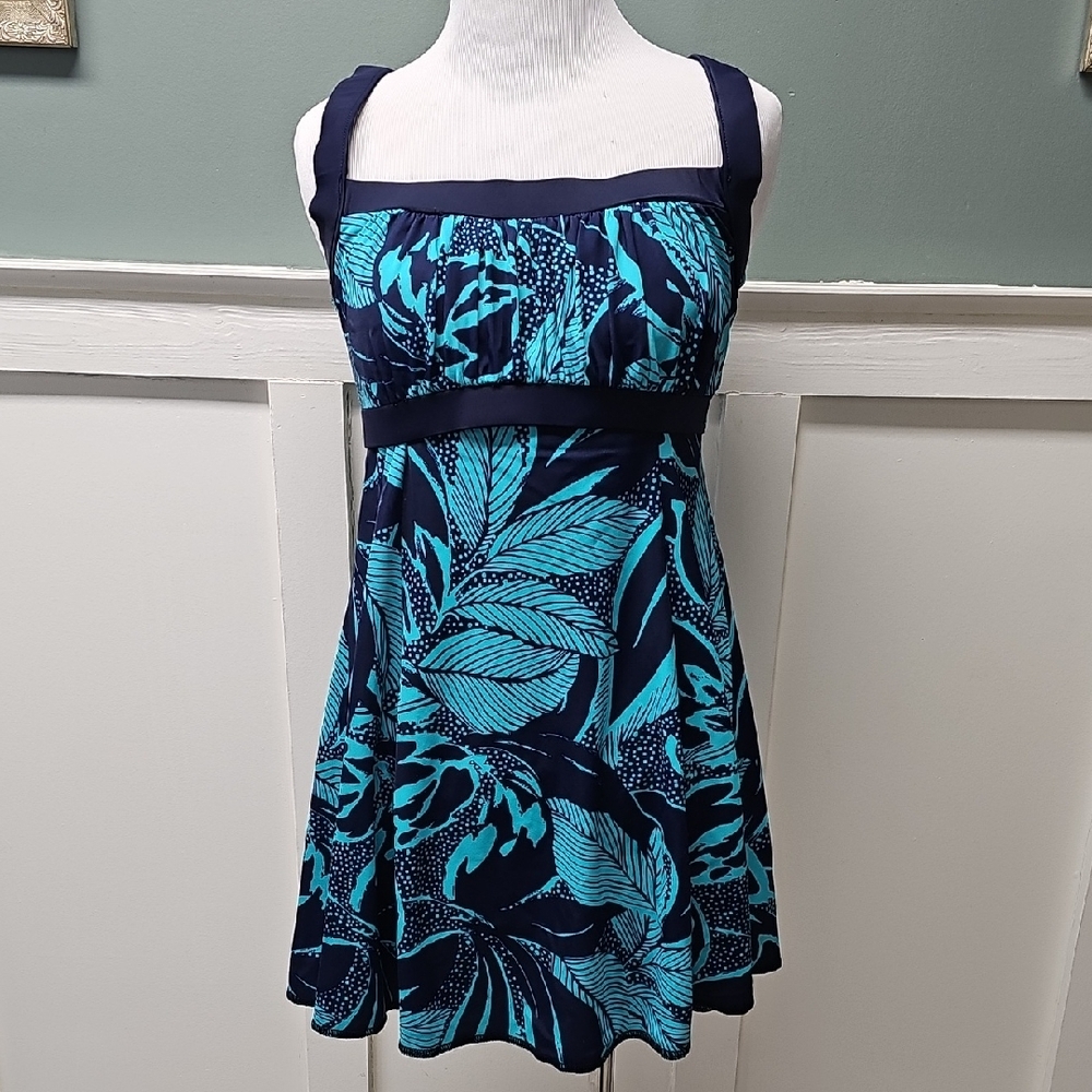 Maxine of Hollywood Navy and Turquoise Leaf Print One Piece